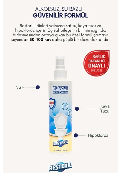 Resteril Klozet Temizleyici Klozet Kapağı Dezenfektan Sprey%99.99 Alkolsüz Sterilizasyon 500 Ml