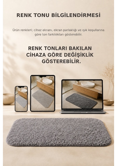 Kaymaz Jel Tabanlı Yıkanabilir Peluş Yumuşak Dokulu Dekoratif Tekli Banyo Paspası 60x100 Cm Krem
