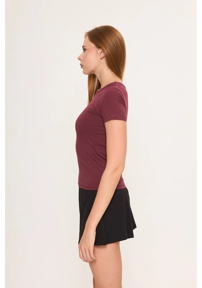 Zoor Ultra Soft Penye Modal Yuvarlak Yaka Kısa Kollu Bluz Bordo