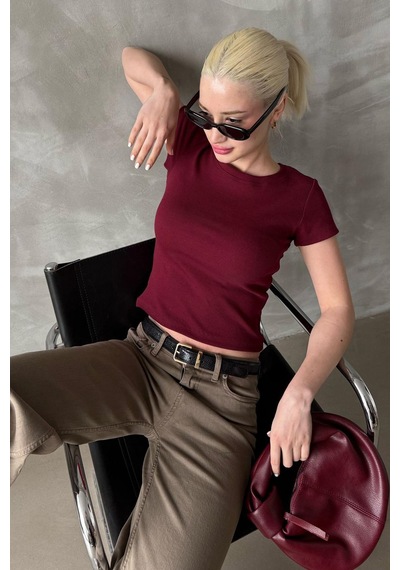 Bordo Geniş Yaka Fittili Basic Kadın T-shirt Mg2293 Bordo
