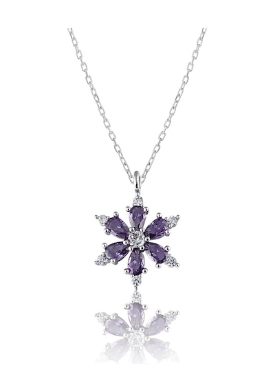 Zanaatsilver 925 Ayar Gümüş Zincirli Ametist Taşlı Rodyum Kaplama Lotus Kamelya Çiçeği Kolye