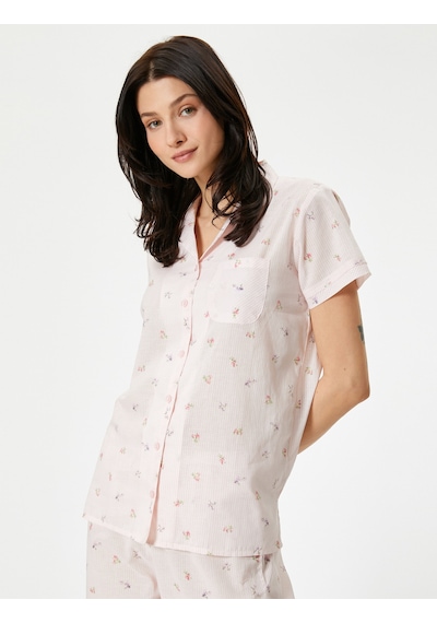 Koton Düğmeli Pijama Üstü Çiçekli Kısa Kollu Cepli Pembe Desenli 4slk50032mw Pembe Desenli Pembe