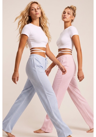 Siyah İnci 2'li Fiyonk Desenli Yumuşak Tuşe Kışlık Örme Tek Alt Pijama Altı 8074 Pembe Mavi Ekose