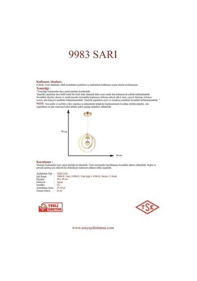 Eray Aydınlatma 9983-3 3lü Led Gold Avize Sarı