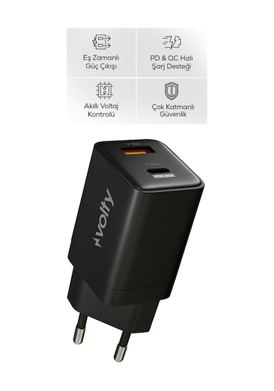 Hızlı Şarj Adaptörü 30w Pd Gan, Usb-c & Usb-a, İphone & Samsung Uyumlu, 55gr Siyah-v0102009