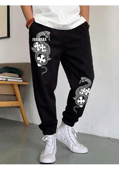 Halloween Cross & Letter Graphic Drawstring Waist Eşofman Altı Siyah