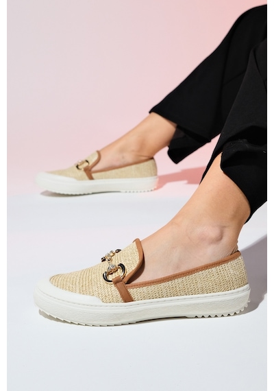 Luvishoes Barcelos Bej Hasır Tokalı Kadın Loafer Ayakkabı Bej
