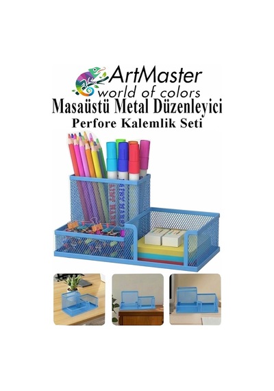 Mavi Masaüstü Metal Kalemlik Seti 3 Lü Kombo 1 Paket Fileli Perfore Renkli Kalemlik Kağıtlık Küpnotluk Düzenleyici Mavi