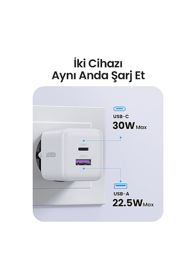 Ugreen 30w Gan Hızlı Şarj Cihazı 2 Portlu, 1xusb-a, 1xusb-c, Siyah, 65015