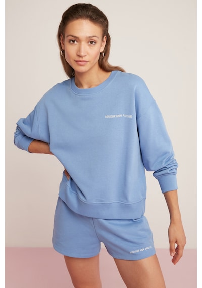 Ethıquet Sandra Kadın Pamuklu Içi Polarlı Yumuşacık Göğsü Baskılı Yuvarlak Yaka Comfort Mavi Sweatsh