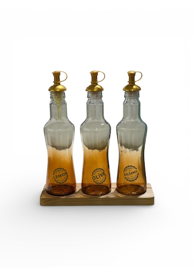 Ahşap Standlı 3 Lü Cam Yağdanlık Seti 250 Ml Zeytinyağı Sirkelik Limonluk Balsamic Şişe Şeffaf