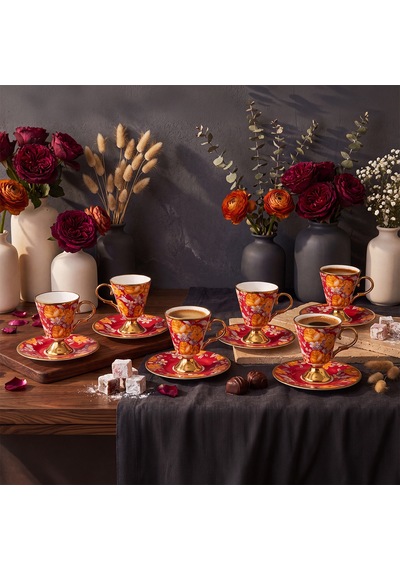 Aryıldız Begonia 12 Parça 6 Kişilik Kahve Fincan Takımı Kırmızı 100 Ml Çok Renkli