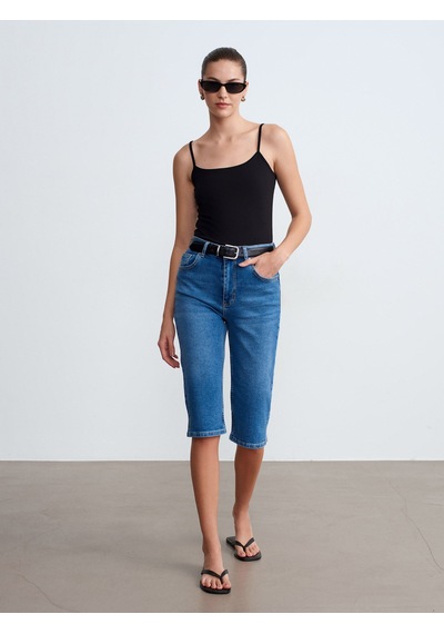 Dilvin 72311 Yırtmaçlı Denim Kapri-mavi