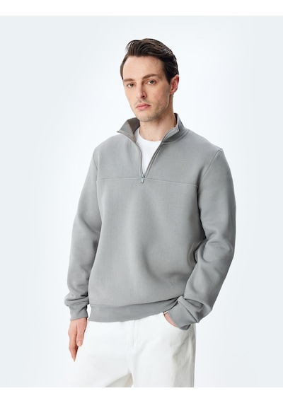Koton Uzun Kollu Pamuk Karışımlı Basic Yarım Fermuarlı Sweatshirt Gri 5wam70255mk Gri