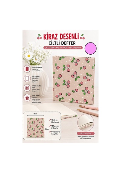Kiraz Figürlü Kare Not Defteri 16x16cm 1 Adet Lizz Sert Kapak 120 Yaprak Ciltli Çizgisiz Özel Anı Günlük Defteri Pembe