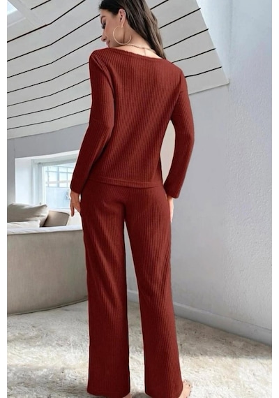 Bella Notte V Yaka Pamuklu Bordo Düğmeli Uzun Pijama Takımı