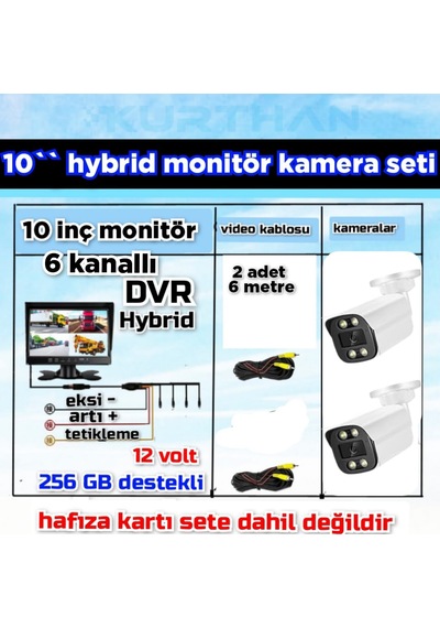 2 Adet Ahd 2 Mp Beyaz Warm Ledli Kamera 10'' Qled 6 Kanallı Monitör Seti 12 V 256 Gb
