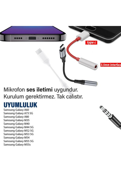 Samsung Uyumlu A60 A73 5g A80 Type-c 3.5mm Kulaklık Dönüştürücü Çevirici