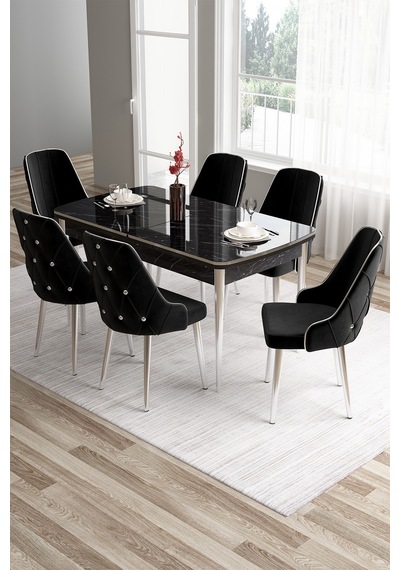 Canisa Tia Serisi 80x132 Mdf Açılabilir Siyah Mermer Desen Krom Detay Mutfak Masası Ve 6 Siyah Sandalye Masa Siyah Mermer Desen Sandalye Siyah Canisa Tia Serisi 80x132 Mdf Açılabilir Siyah Mermer Desen Krom Detay Mutfak Masası Ve 6 Siyah Sandalye Masa Siyah Mermer Desen Sandalye Siyah