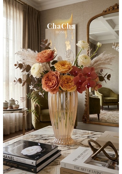 Chacha Home Kristal Dekoratif Cam Vazo Modern Salon & Konsol Aksesuarı 22x11 Cm Bal