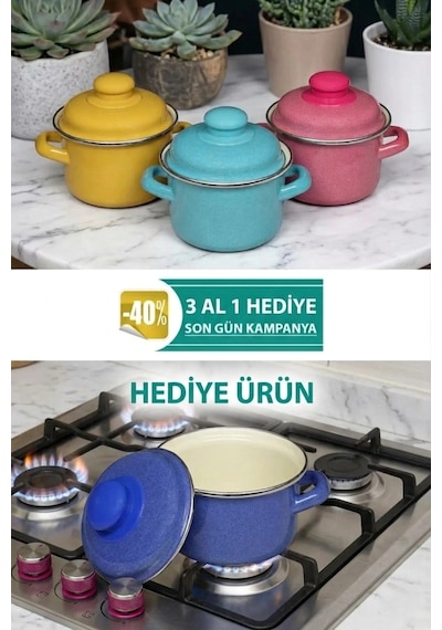 İtalyan Tasarım Emaye Mini Tencere Seti 12cm 900ml 3-renk Alana 1 Adet-bedava , Lüks Ve Çevre Dost Renkli