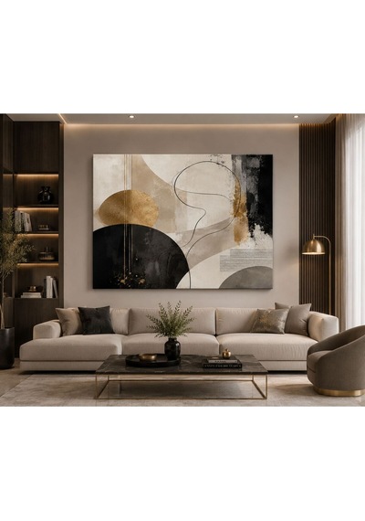 Modern Soyut Geometrik Kanvas Tablo Siyah Bej Altın Tonlu Minimalist Duvar Dekoru Çerçevesiz Tek Parça Salon Yatak Odası Tablosu