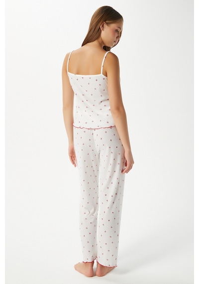 Ritnice Kadın June Askılı Kiraz Desenli Alt Üst Pijama Takımı Ekrukırmızı