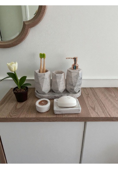 Mermer Desenli Beton Banyo Seti,sıvı Sabunluk ,diş Fırçalığı,kulak Çubukluğu,katı Sabunluk Ve Mumlukkk Gri