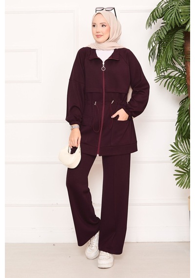 Butik Kadın Fermuarlı Cep Detaylı Tesettür Eşofman Takımı Bordo Bordo
