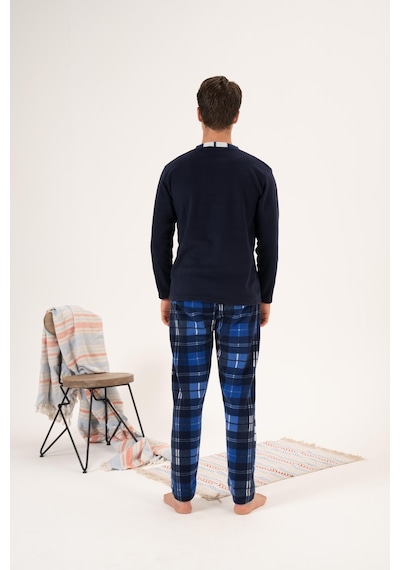 Estiva Erkek Kışlık Düğmeli Yaka Kareli Alt Polar Pijama Takımı 001