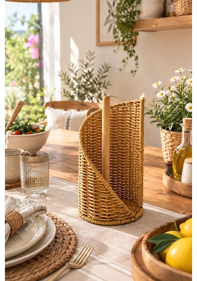 Rattan Hasır Kağıt Havluluk Düzenleyici Organizer 28 14cm Açık Kahverengi