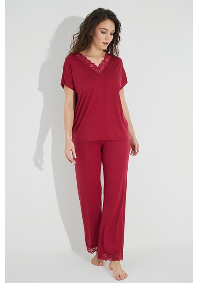 Monamise Kısa Kollu V Yakalı Dantelli Pijama Takımı 18495 Siyah