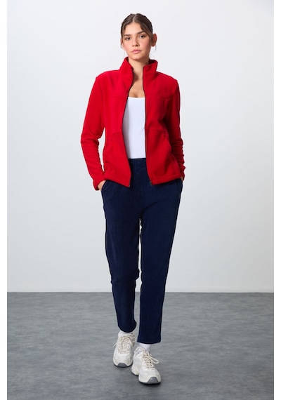 Tommy Life Kırmızı-lacivert Kalın Yumuşak Dokulu Dik Yaka Oversize Nakışlı Polar Kadın Eşofman Takım -95339 Kırmızı - Lacivert