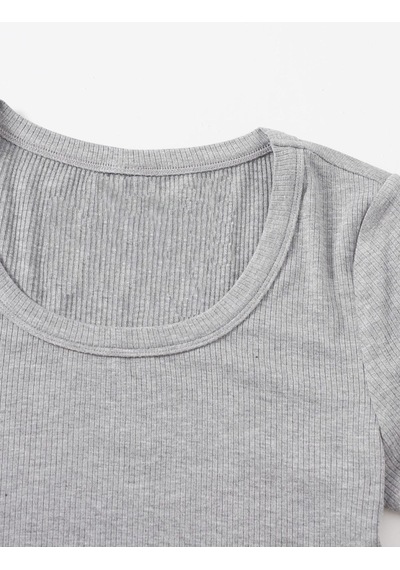 Liona U Yaka Gri Renk Fitilli Kısa Kollu Regular Crop Top Bluz Gri