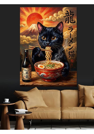 Ramen Yiyen Japon Kara Kedi Dekoratif Kanvas - Mdf Ahşap Tablo