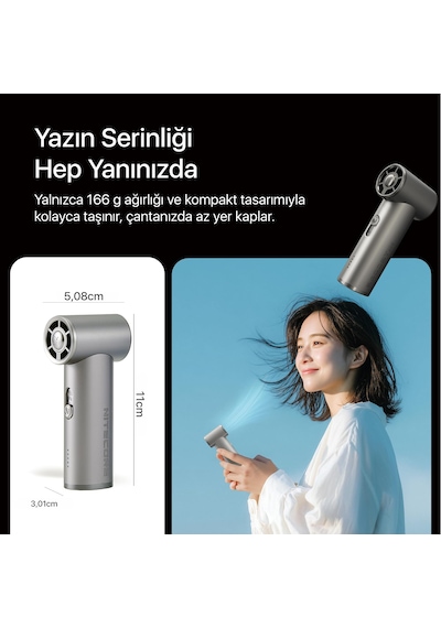 Nitecore Nef01 Premium Şarjlı El Fanı, 5 Kademeli, 4000 Mah, Alüminyum Gövde, 13 Saate Kadar Kullanım Gri