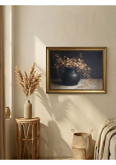 Antika Gold Çerçeveli Toprak Testide Kuru Çiçek Tablosu - Vintage Salon Duvar Dekoru 80x60 Cm