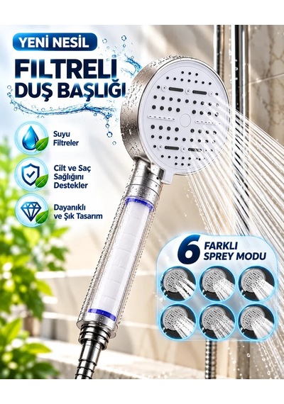 6 Modlu Filtreli Duş Başlığı Büyük Panel Su Tasarruflu Çok Fonksiyonlu Beyaz Duş Başlığı Diğer