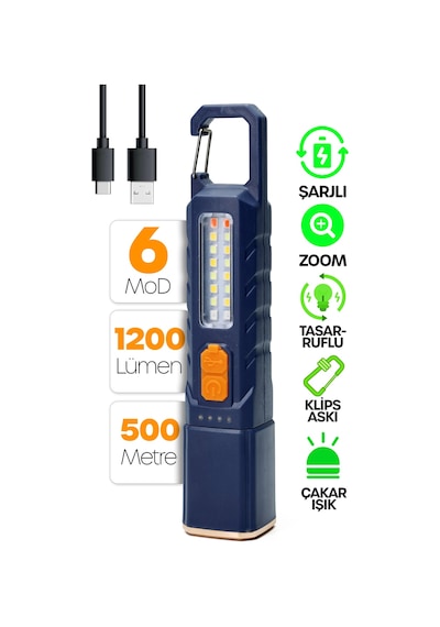 Şarjlı El Feneri 6 Mod Karabina Askılı Çakarlı Cob Led Kamp Lambası Acil Durum Işığı Mavi 7170 Mavi