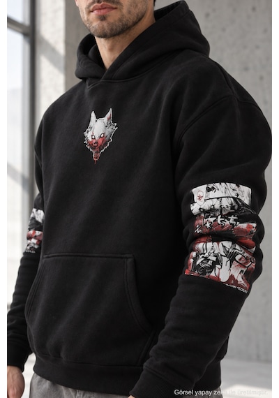 Polo State Erkek Kitsune Anime Baskılı Oversize 3 İplik Şardonlu Kapüşonlu Sweatshirt Siyah