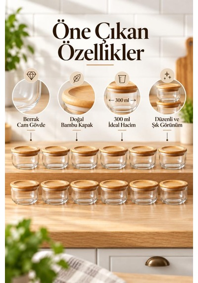 Bambum 12'li Bambu Kapaklı Cam Kahvaltılık Seti 300 Ml - Vakumlu Saklama Kabı Ve Kahvaltılık Seti