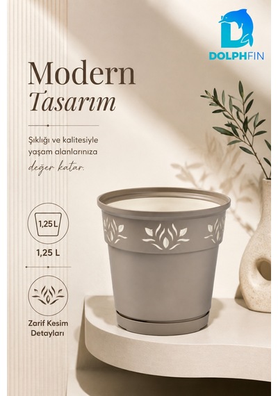 1,25 L Dekoratif Alt Tabaklı Plastik Saksı Çiçek Motifli Karışık Renk
