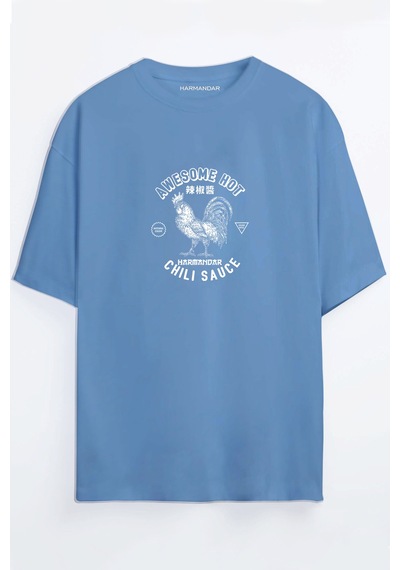 Chili Sos Baskılı Unisex Siyah - Turuncu - Bej Oversize T-shirt Mavi Chili Sos Baskılı Unisex Siyah - Turuncu - Bej Oversize T-shirt Mavi