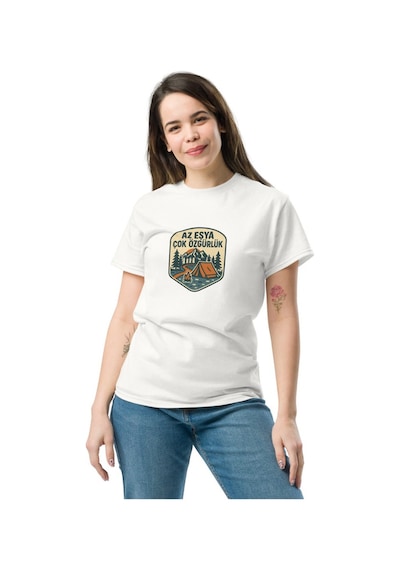 Wildstyle Az Eşya Çok Özgürlük Renkli Kamp Doğa Minimalist Baskılı Unisex Bisiklet Yaka Pamuklu Tişört - Beyaz