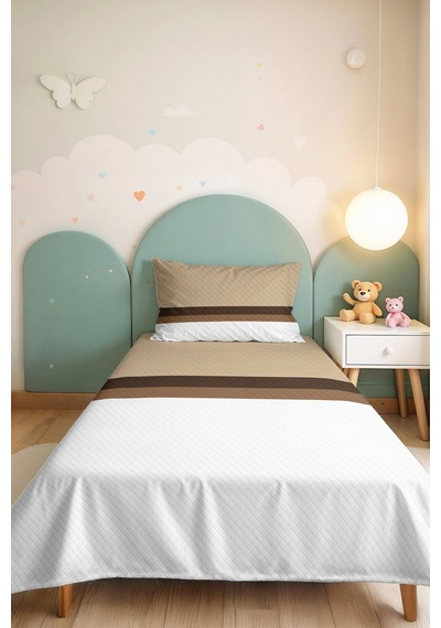Modern Çizgili Krem Tek Kişilik Pike Takımı - Vizon Kahve Kapitone 160x220 Cm Mevsimlik Yatak Örtüsü Ahenkli Doku Kıyımı