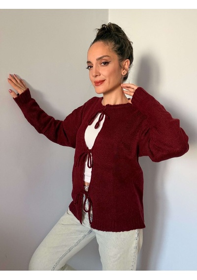 Ali Butik Bordo Önden Bağlamalı Triko Hırka Bordo