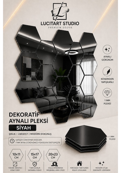 Lucitart Aynalı Pleksi Petek Duvar Dekoru Kendinden Yapışkanlı Dekoratif Altıgen Ayna Tekli 9 Renk 10x11 - 15x17 - 20x23 Cm Siyah Lucitart Aynalı Pleksi Petek Duvar Dekoru Kendinden Yapışkanlı Dekoratif Altıgen Ayna Tekli 9 Renk 10x11 - 15x17 - 20x23 Cm Siyah