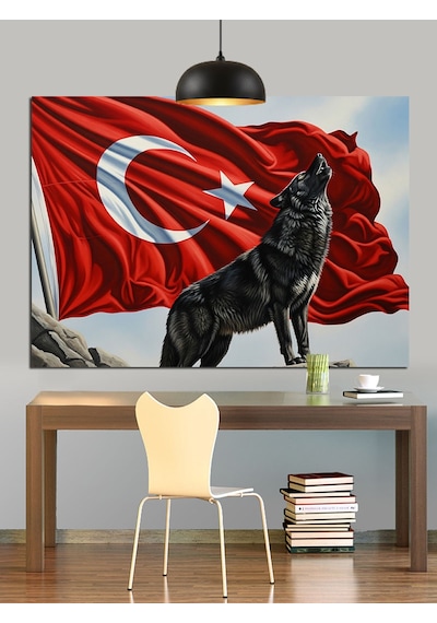 Türk Bayrağı Kurt Figürü Dekoratif Kanvas - Mdf Ahşap Tablo