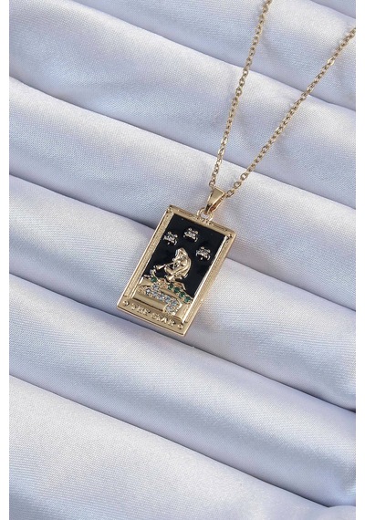 316l Çelik Zincir Gold Renk Zirkon Taşlı Siyah Mineli Kız Figürlü Tarot Kolye Çok Renkli Çok Renkli