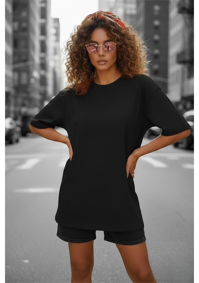 Mily Kadın Oversize Basic Bisiklet Yaka Pamuklu T-shirt Rahat Kesim Unisex Sevgili Kombini SIYAH